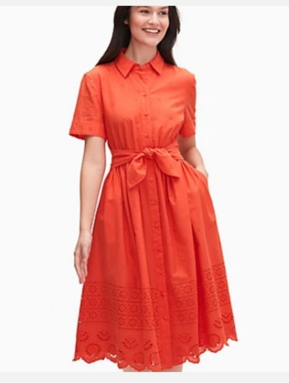 Kate Spade Tie-Waist Eyelet midi cotton shirt dress tie stretch waist sz L